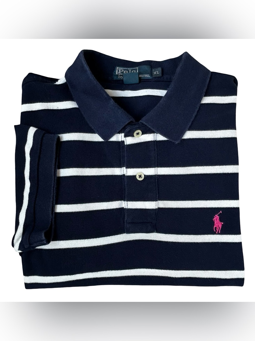 Polo by Ralph Lauren Navy & White Striped Polo with Pink Pony